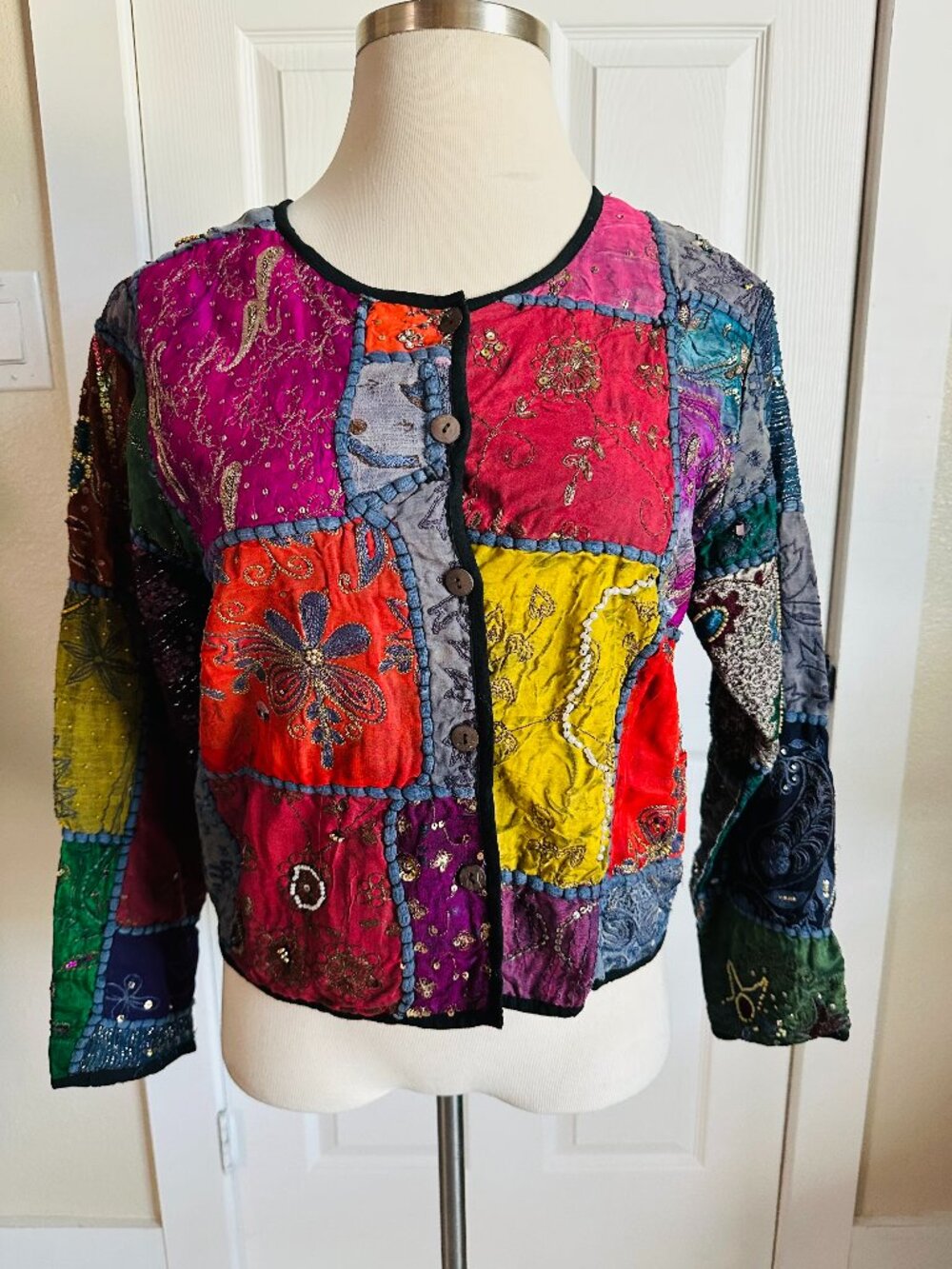 Vintage Midnight Velvet vibrant patchwork jacket, women's size large